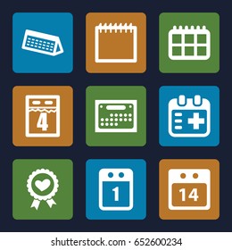 Date icons set. set of 9 date filled icons such as heart ribbon, medical appointment