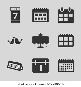 Date icons set. set of 9 date filled icons such as restaurant table, calendar, lovebirds
