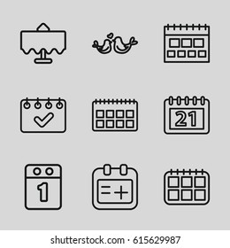 Date icons set. set of 9 date outline icons such as restaurant table, lovebirds, medical appointment, calendar