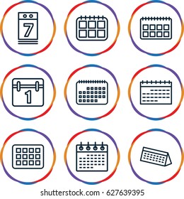 Date icons set. set of 9 date outline icons such as calendar