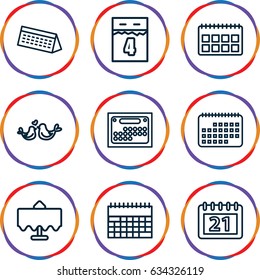 Date icons set. set of 9 date outline icons such as restaurant table, lovebirds, calendar