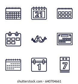 Date icons set. set of 9 date outline icons such as calendar, lovebirds