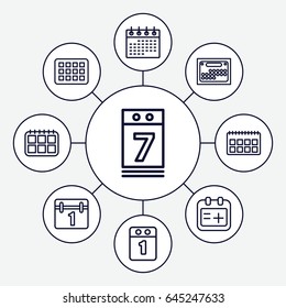 Date icons set. set of 9 date outline icons such as calendar, medical appointment, calendar 7 date
