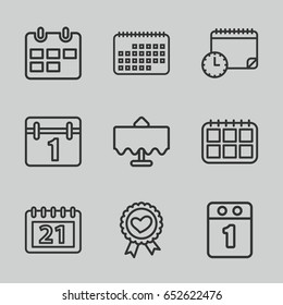Date icons set. set of 9 date outline icons such as restaurant table, calendar, heart ribbon, 1st day calendar