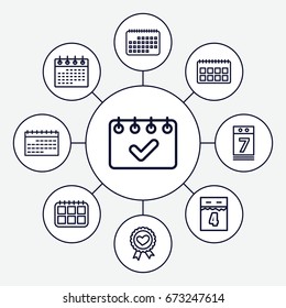 Date icons set. set of 9 date outline icons such as calendar