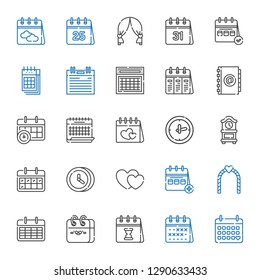 date icons set. Collection of date with calendar, wedding arch, hearts, clock, valentines day, agenda. Editable and scalable date icons.