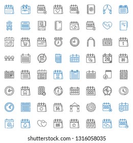 date icons set. Collection of date with calendar, hearts, clock, wedding arch, valentines day, schedule, agenda, broken heart. Editable and scalable date icons.