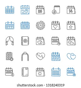 date icons set. Collection of date with calendar, agenda, hearts, broken heart, wedding arch, schedule, valentines day, clock. Editable and scalable date icons.