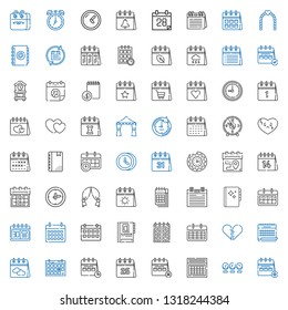 date icons set. Collection of date with calendar, clock, broken heart, agenda, wedding arch, valentines day, hearts, schedule. Editable and scalable date icons.