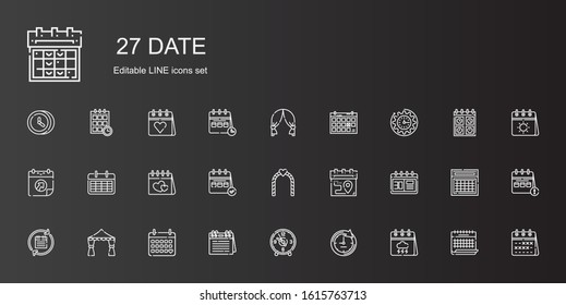 date icons set. Collection of date with calendar, clock, wedding arch, valentines day, schedule. Editable and scalable date icons.