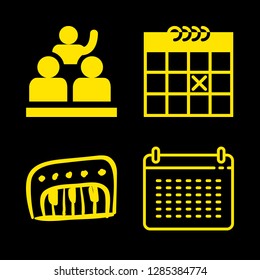 date icons set with persons in a class, piano hand drawn musical toy and calendar vector set
