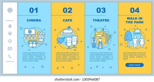 Date ideas app page screen vector template. Romantic relationships development. Places to go on first date walkthrough website with linear illustrations. UX,UI, GUI smartphone interface concept