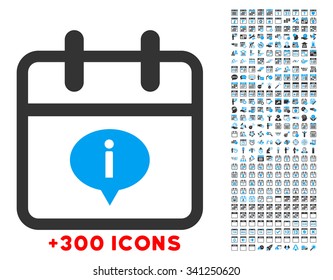 Date Information vector icon with additional 300 date and time management pictograms. Style is bicolor flat symbols, blue and gray colors, rounded angles, white background.