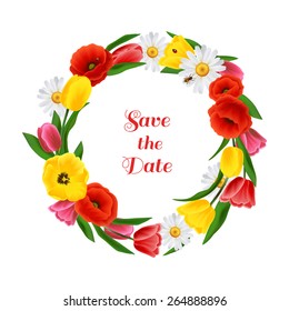 Date invitation card with wreath of tulip poppy and daisy flowers vector illustration