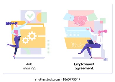 Date or job sharing concept. Job sharing, alternative work schedule, collaborative employment, division of a job. Modern flat illustration.