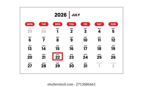 La fecha 22 de julio de 2026 marcada con un cursor rojo en la pared