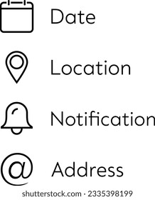 Date, Location, Notification and Address vector icons for web design