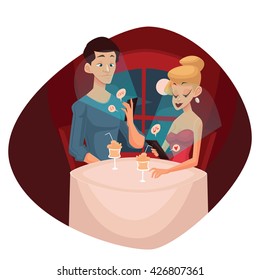 date loving couple and mobile phone, vector cartoon comic illustration, concept meeting couples in love and modern technology, evening the men and women who keep the phones do not notice each other