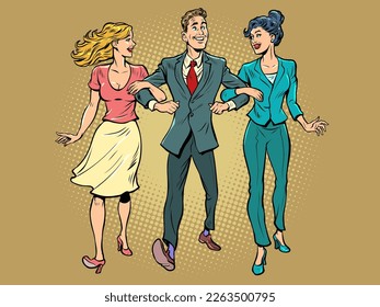 Date. A man with two girls. Unconventional marriage. Friends are walking. Pop Art Retro Vector Illustration 50s 60s Style Kitsch Vintage Drawing