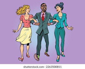 Date. A man with two girls. Unconventional marriage. Friends are walking. Pop Art Retro Vector Illustration 50s 60s Style Kitsch Vintage Drawing