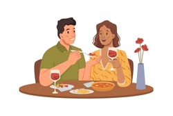 Date Of Man And Woman, Couple Having Dinner At Restaurant Or Cafe. Vector Wife And Husband Celebrating Anniversary, Talking And Eating, Drinking Red Wine. Flat Cartoon Style Character Illustration