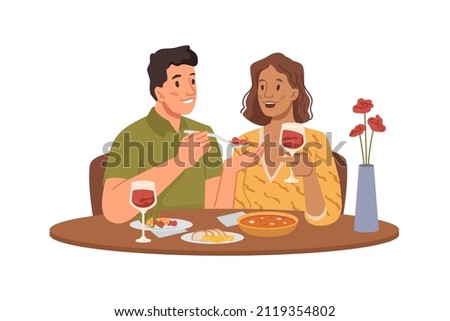 Date of man and woman, couple having dinner at restaurant or cafe. Vector wife and husband celebrating anniversary, talking and eating, drinking red wine. Flat cartoon style character illustration