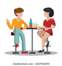 Date man and woman in a red dress. A couple of people are sitting on high bar stools at a table and drinking beer and wine. friends talk and relax. Isolated on white background vector illustration.