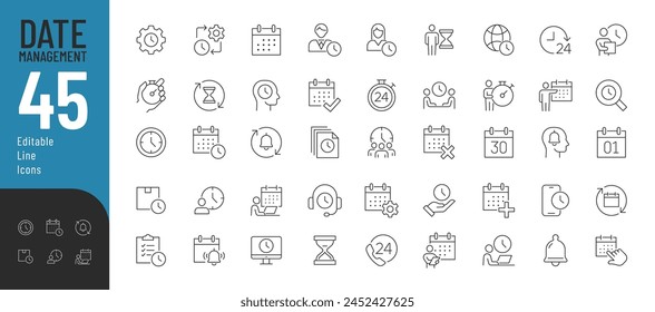 Editierbare Symbole für Datumsverwaltungszeile festgelegt. Vektorillustration im modernen Thin Line Stil der Zeitmanagement-bezogenen Symbole: Kalender, Planung, Zeitplan, Zeit und mehr. 