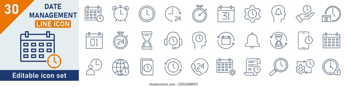 Conjunto de iconos de línea de administración de fechas. Conjunto de 30 iconos de esquema relacionados con el calendario, la planificación, la programación y la hora. Colección de iconos de esquema de administración de fechas. Trazo editable. Ilustración vectorial.