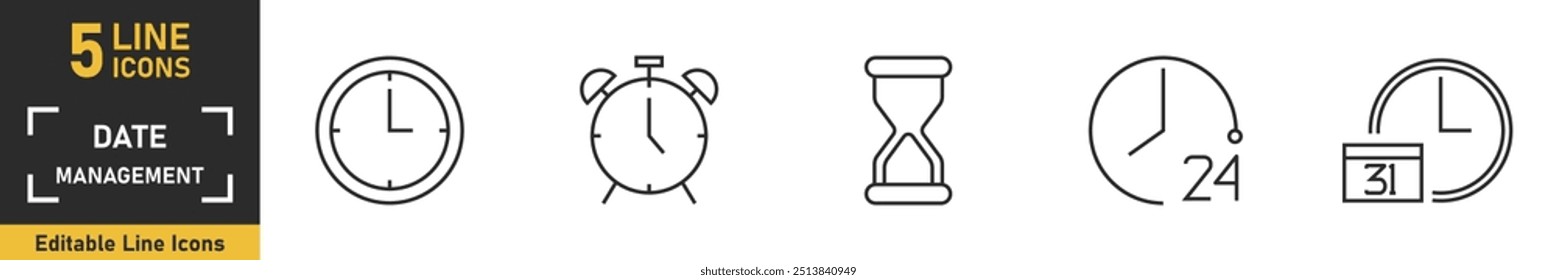 Date Management line icon set. Set of 5 outline icons related to time, schedule, stopwatch, countdown, calendar, planning, and more. Vector illustration.