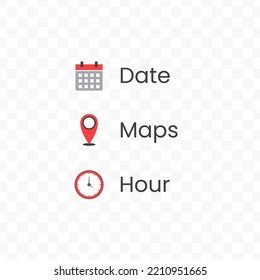 Date, Maps, Hour Vector illustration of colored icons on transparent background(png).