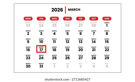 La fecha del 17 de marzo de 2026 marcada con un cursor rojo en la pared