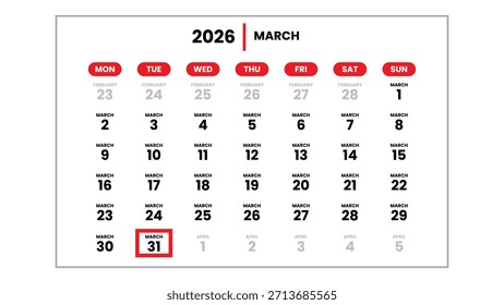 The date March 31, 2026 marked with a red cursor on the wall