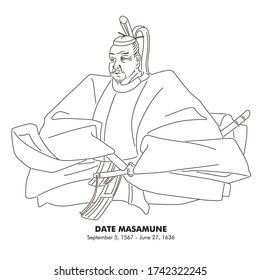 Date Masamune (1567 – 1636) Japanese Historical figure line drawing illustration