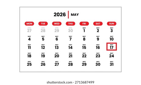La fecha del 17 de mayo de 2026 marcada con un cursor rojo en la pared