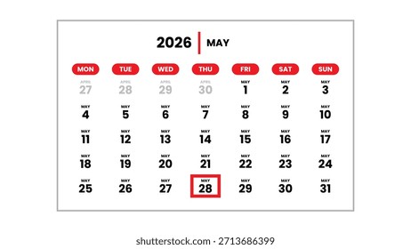 La fecha del 28 de mayo de 2026 marcada con un cursor rojo en la pared