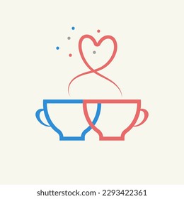 Date, meeting icon. Lovers logo, two cups of coffee and tea with  heart. Love concept