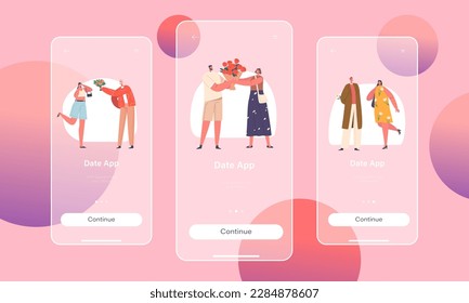 Plantilla de pantalla de la página de la aplicación móvil de fecha en el tablero. Los Hombres Dan Flores A Las Mujeres En Una Ilustración Romántica Del Vector De Gesto