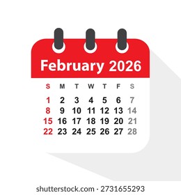 Fecha mes Febrero 2026, Vector, ícono.