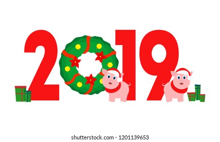 Date of the New Year 2019 with a Christmas wreath, pigs and gifts. Cartoon vector illustration in flat style isolated on white background. 