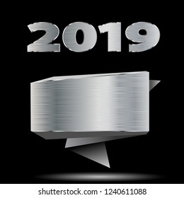 Date of new year 2019 and metal origami banner on black background. Vector illustration
