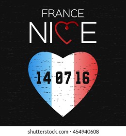 Date of Nice terror attack. France Nice terrorist attack on Bastille Day. Mourning black ribbon.
