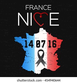 Date of Nice terror attack. France Nice terrorist attack on Bastille Day. Mourning black ribbon.