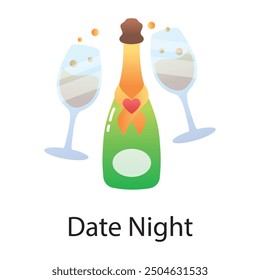 Date night champagne cheers, flat icon 