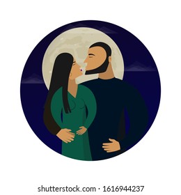 Date at night. Kiss under the moon. Vector illustration.