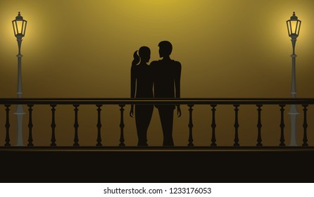 Date at night on the bridge - young boy and girl - illustration, vector