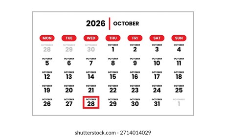 La fecha 28 de octubre de 2026 marcada con un cursor rojo en la pared