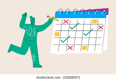 Date on huge calendar planning important matter. Time management, Memo reminder, Work plan. Colorful vector illustration
