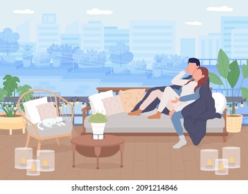 Date on rooftop flat color vector illustration. Man and woman cuddling on couch on roof. Hygge lifestyle. Wife and husband wrapped in blanket on sofa 2D cartoon characters with interior on background