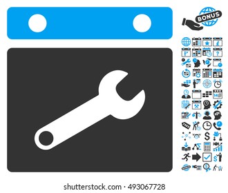 Date Options pictograph with bonus calendar and time management images. Vector illustration style is flat iconic bicolor symbols, blue and gray colors, white background.